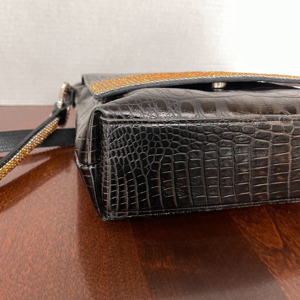 Raviani Black Flap Croco Embossed Leather Shoulder Bag w/Crystals - Picture 9 of 13